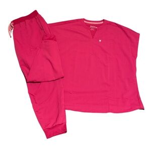Fabletics Hot Pink Scrub Set – Top & Joggers – Size XXL